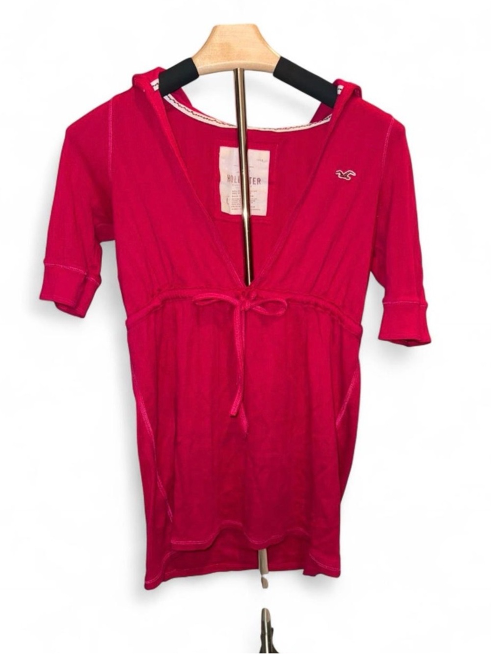 Y2K Hollister Hot Pink V-Neck Tie-Waist Hoodie Top